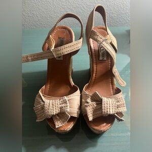 Steve Madden Cognac Brown Cork Wedges with Leather Bow Accent